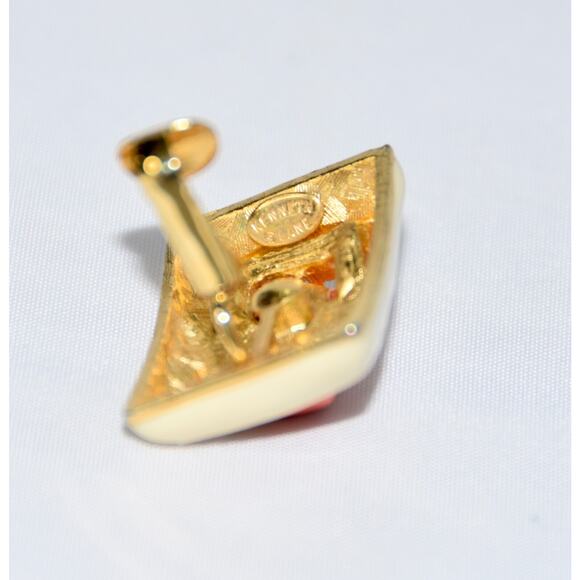 KENNETH JAY LANE Vintage Art Deco Coral - Crystal and Enamel Clip Earrings - Picture 7 of 8